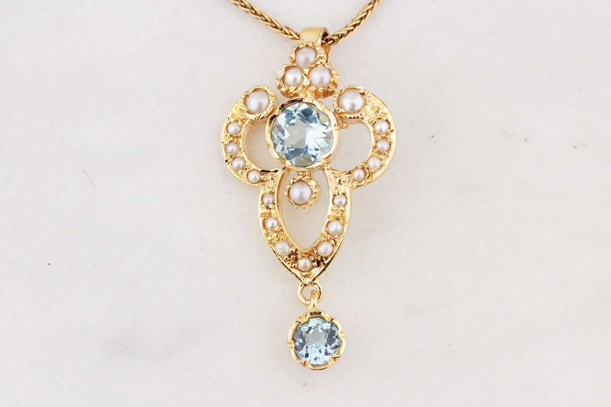 VINTAGE ANTIQUE REVIVAL AQUAMARINE &amp; SPLIT PEARL PENDANT 9ct GOLD