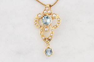 VINTAGE ANTIQUE REVIVAL AQUAMARINE & SPLIT PEARL PENDANT 9ct GOLD