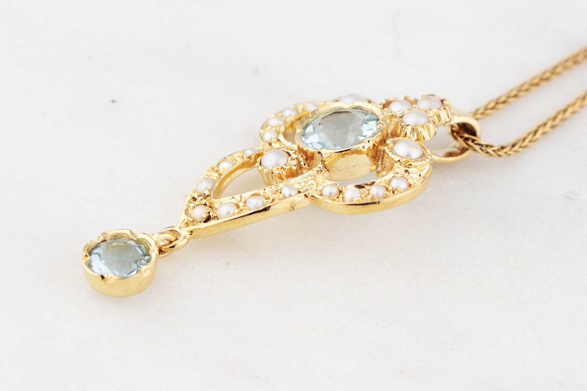 VINTAGE ANTIQUE REVIVAL AQUAMARINE &amp; SPLIT PEARL PENDANT 9ct GOLD