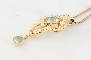 VINTAGE ANTIQUE REVIVAL AQUAMARINE & SPLIT PEARL PENDANT 9ct GOLD