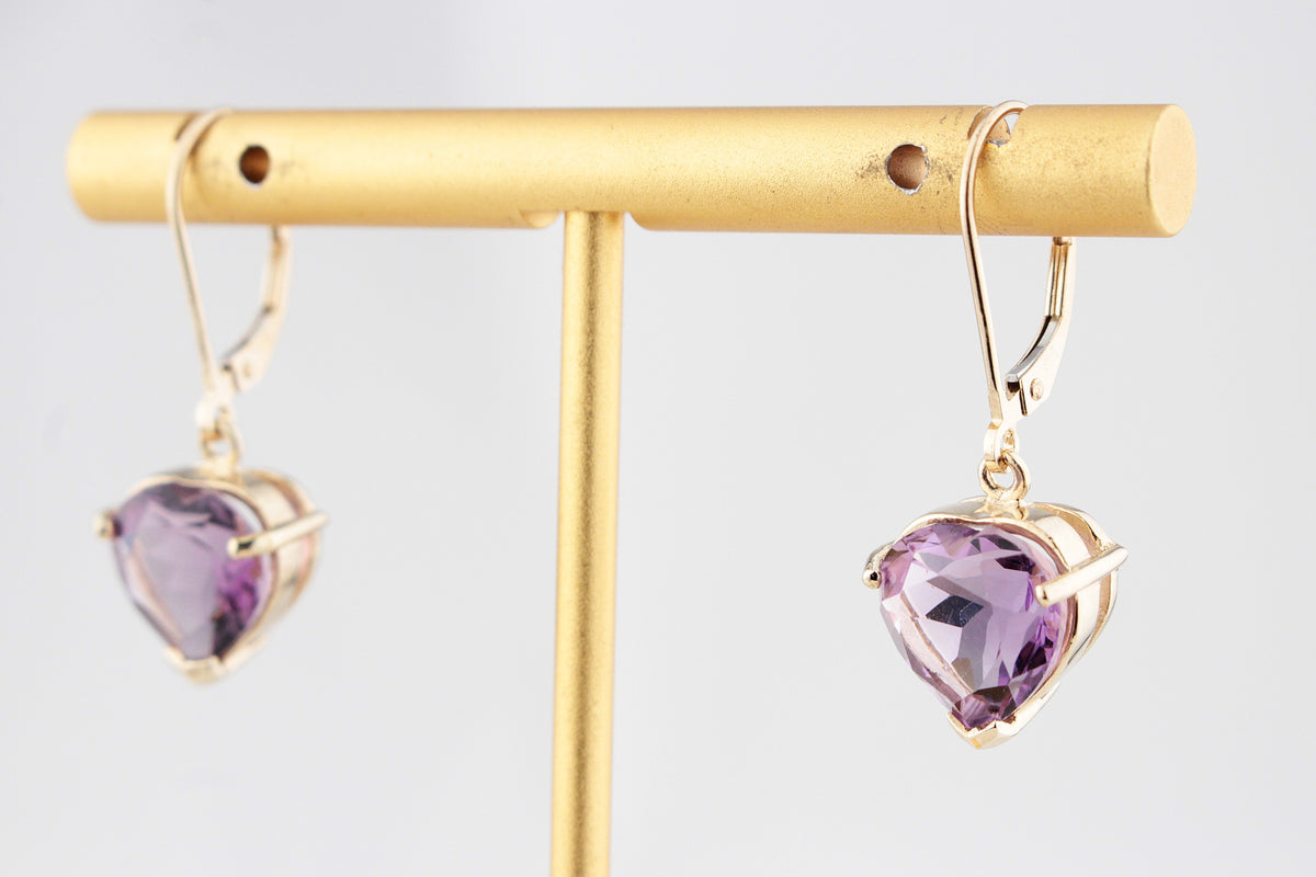 VINTAGE 6.60ct AMETHYST HEART EARRINGS 9ct GOLD