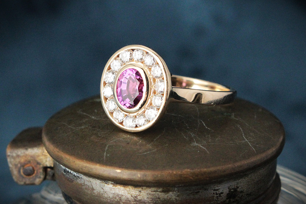 PINK SAPPHIRE &amp; DIAMOND HALO RING 14ct GOLD