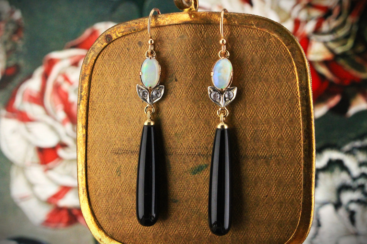 BESPOKE OPAL DIAMOND &amp; ONYX EARRINGS 9ct GOLD