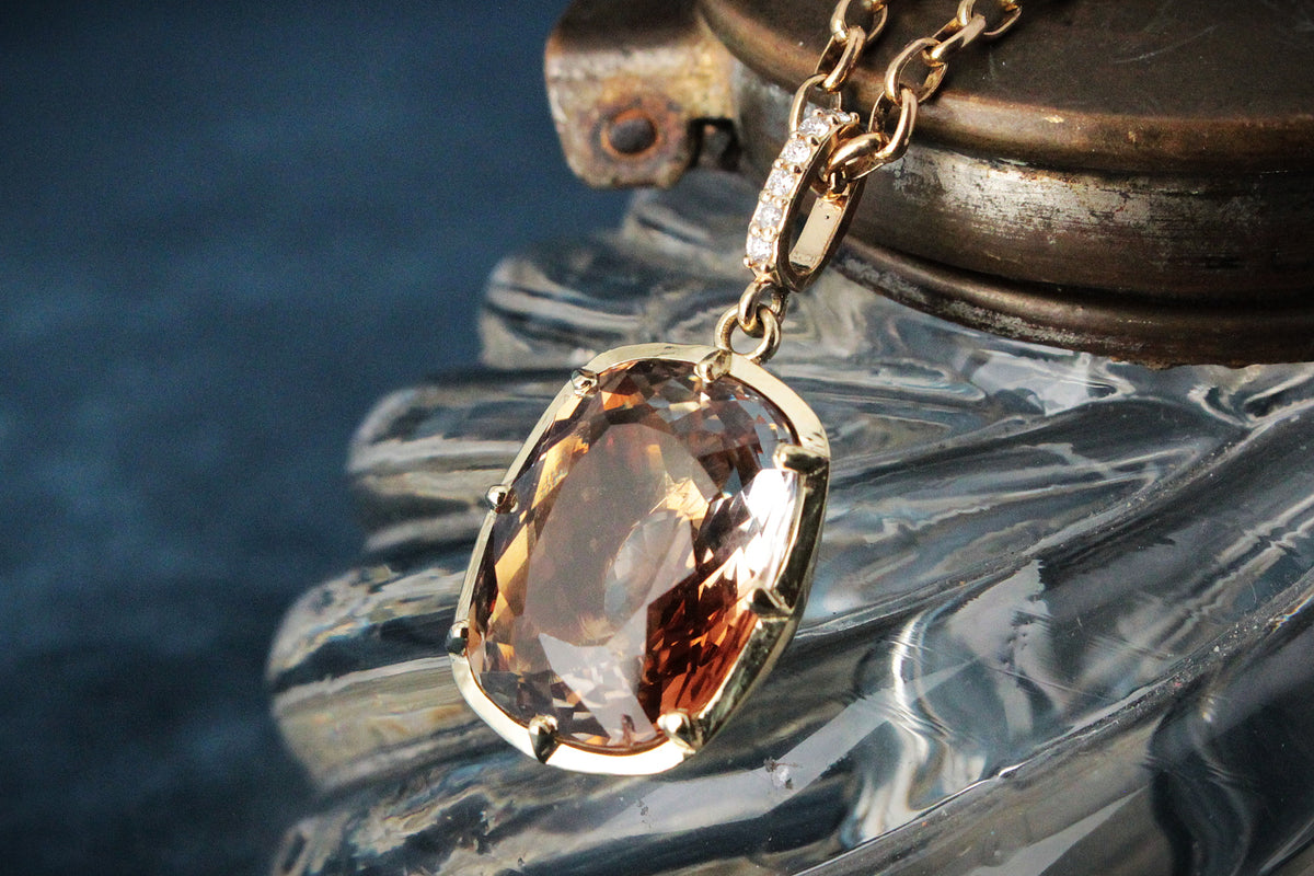BESPOKE 16.95ct IMPERIAL TOPAZ &amp; DIAMOND PENDANT 14ct GOLD