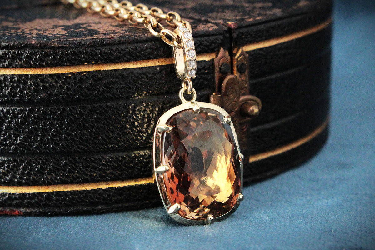 BESPOKE 16.95ct IMPERIAL TOPAZ &amp; DIAMOND PENDANT 14ct GOLD