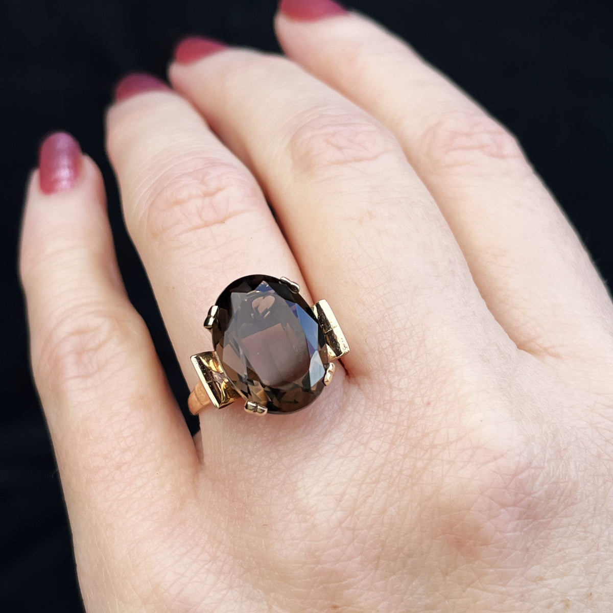 VINTAGE MID CENTURY SMOKY QUARTZ COCKTAIL RING 9ct GOLD