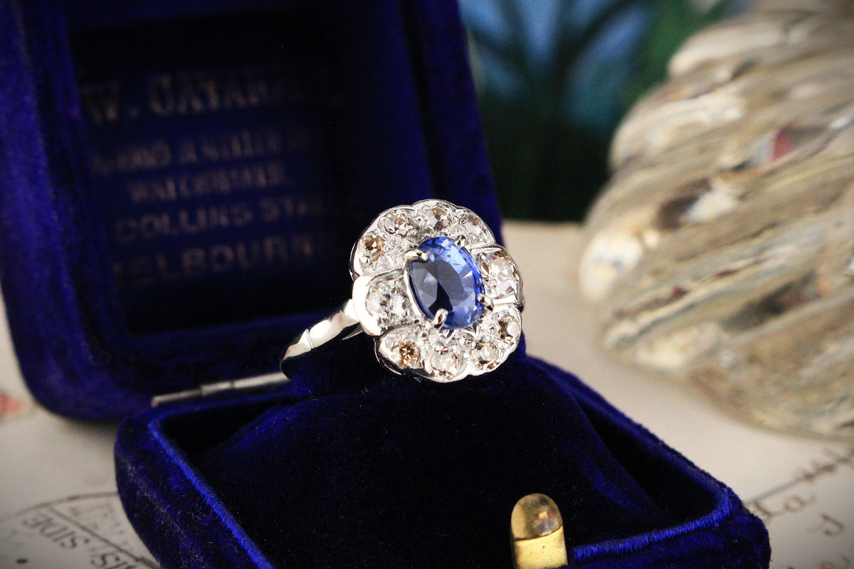 ANTIQUE ART DECO CEYLON SAPPHIRE &amp; DIAMOND RING 18ct GOLD