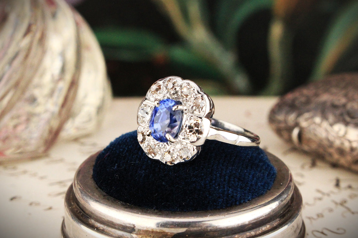 ANTIQUE ART DECO CEYLON SAPPHIRE & DIAMOND RING 18ct GOLD