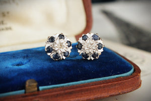 VINTAGE c1950 SAPPHIRE & DIAMOND EARRINGS 18ct WHITE GOLD