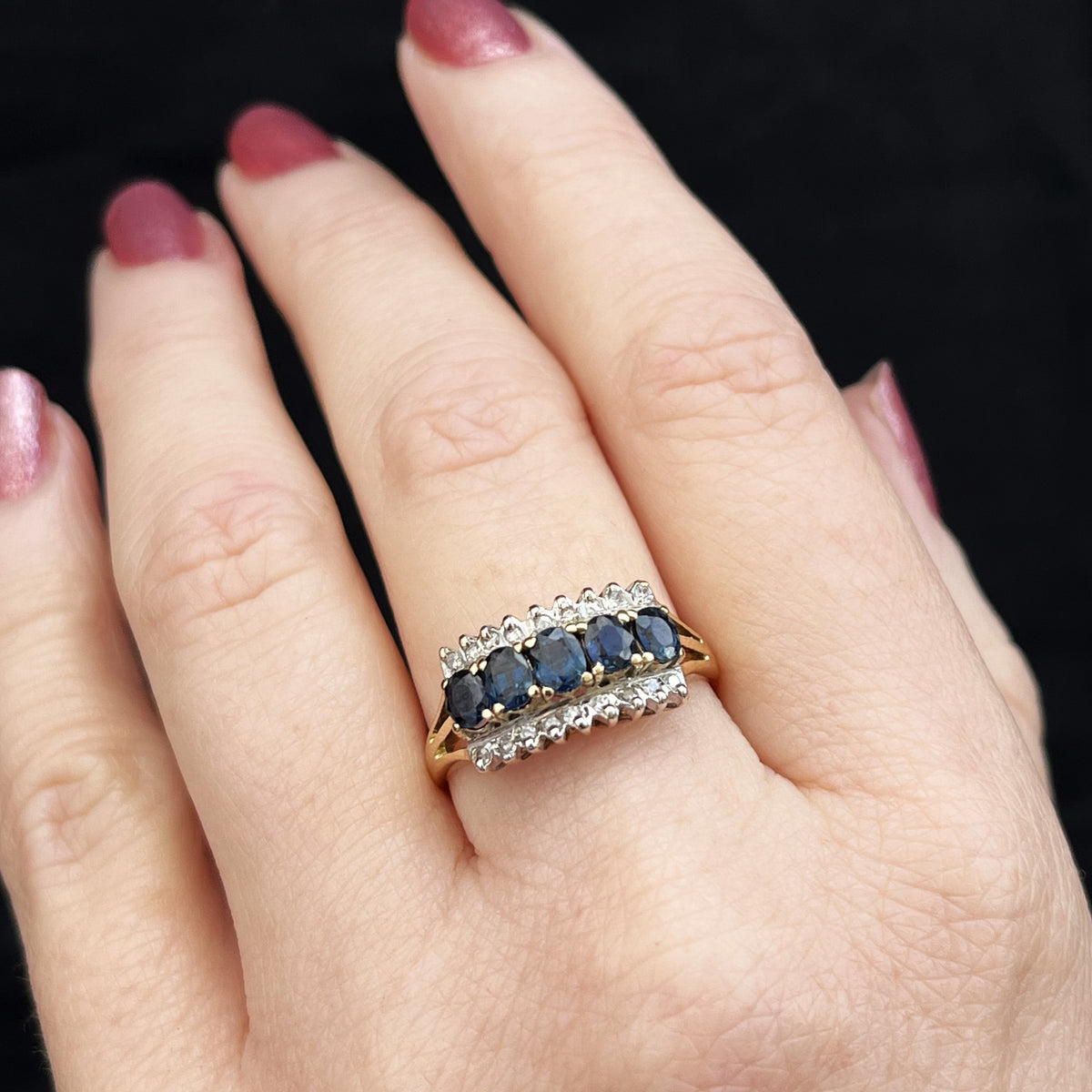 RETRO c1980 SAPPHIRE &amp; DIAMOND RING 14ct GOLD