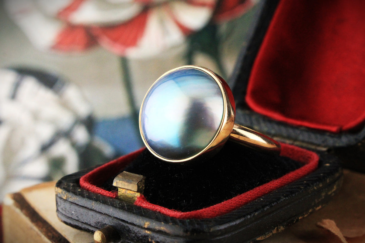 VINTAGE TAHITIAN PEACOCK MABE PEARL RING 9ct GOLD