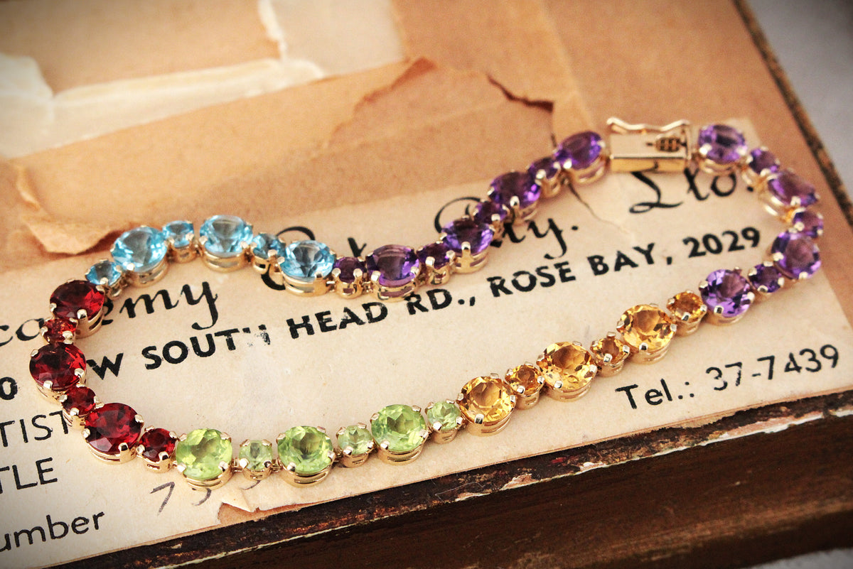 VINTAGE 11.94ct MULTI-GEM LINE BRACELET 10ct GOLD