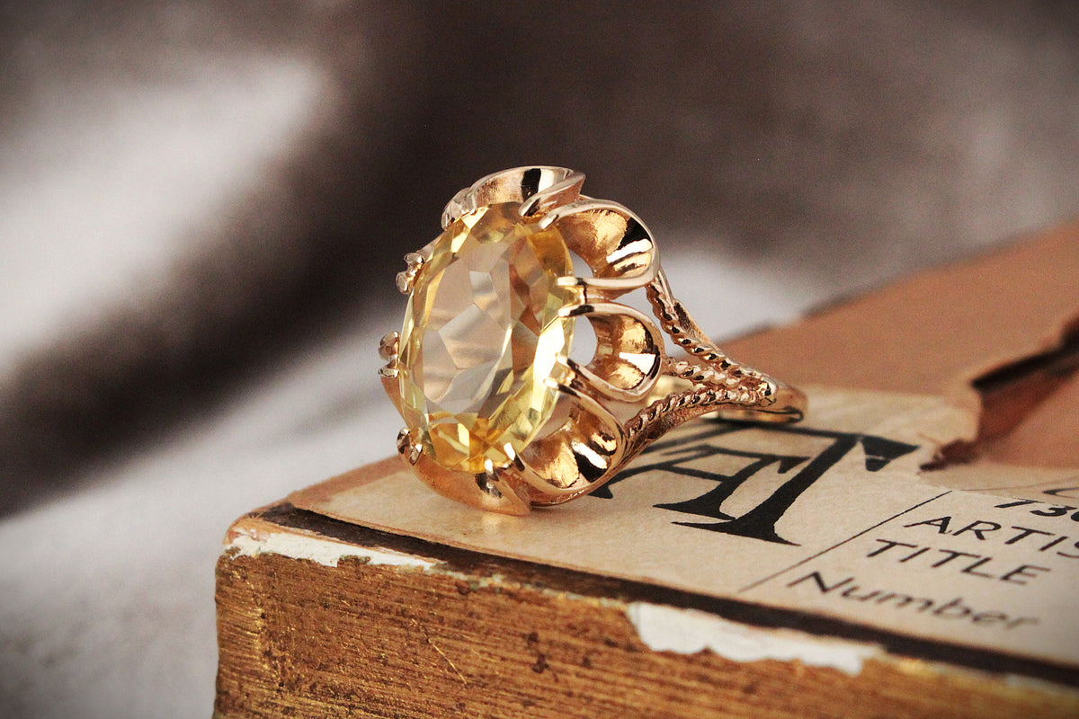 MID-CENTURY 1972 5ct CITRINE COCKTAIL RING 9ct GOLD