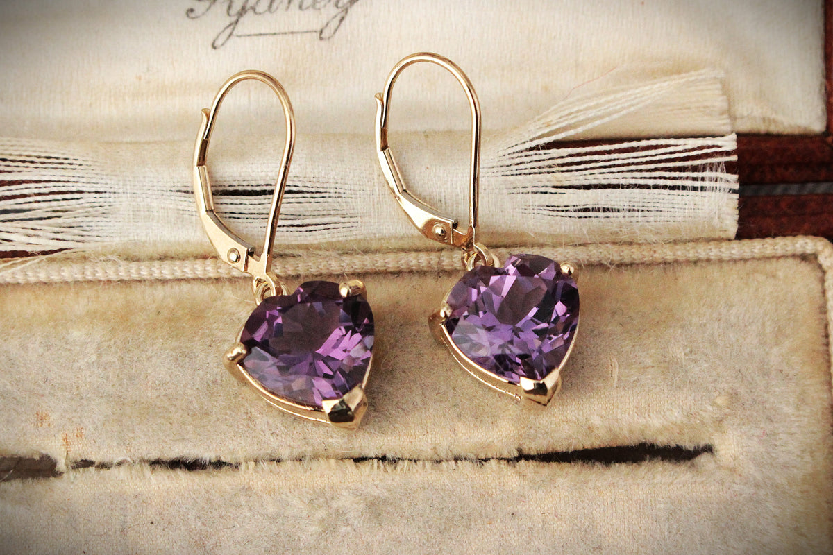 VINTAGE 6.60ct AMETHYST HEART EARRINGS 9ct GOLD