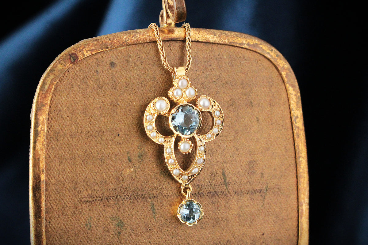 VINTAGE ANTIQUE REVIVAL AQUAMARINE &amp; SPLIT PEARL PENDANT 9ct GOLD