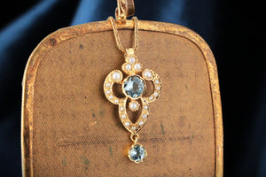 VINTAGE ANTIQUE REVIVAL AQUAMARINE & SPLIT PEARL PENDANT 9ct GOLD