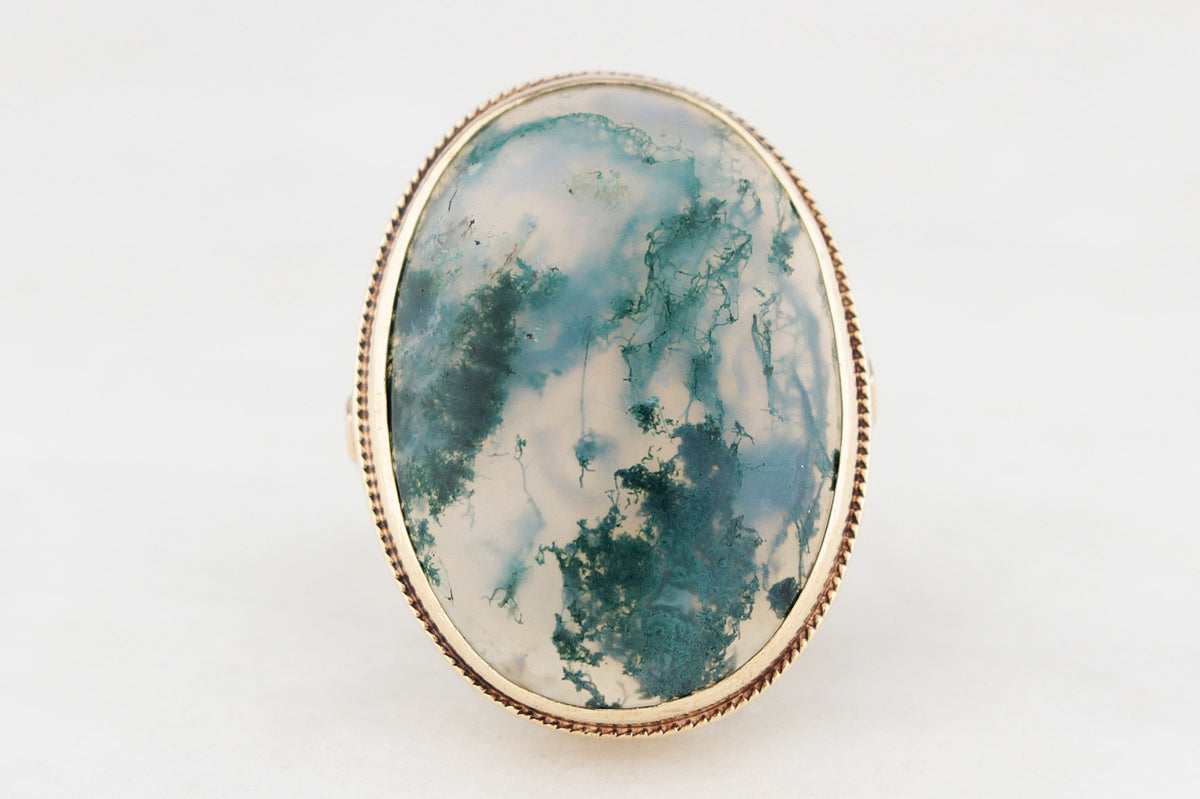 VINTAGE MID-CENTURY MOSS AGATE COCKTAIL RING 9ct GOLD