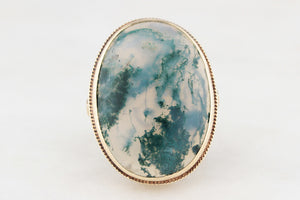 VINTAGE MID-CENTURY MOSS AGATE COCKTAIL RING 9ct GOLD