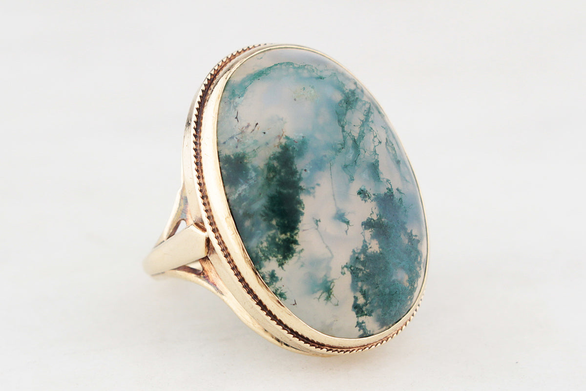 VINTAGE MID-CENTURY MOSS AGATE COCKTAIL RING 9ct GOLD