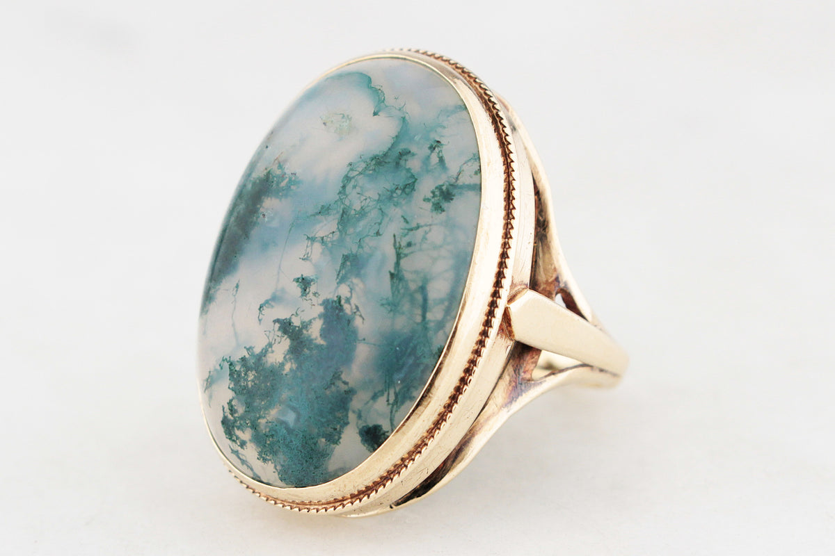 VINTAGE MID-CENTURY MOSS AGATE COCKTAIL RING 9ct GOLD