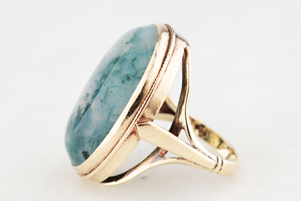 VINTAGE MID-CENTURY MOSS AGATE COCKTAIL RING 9ct GOLD