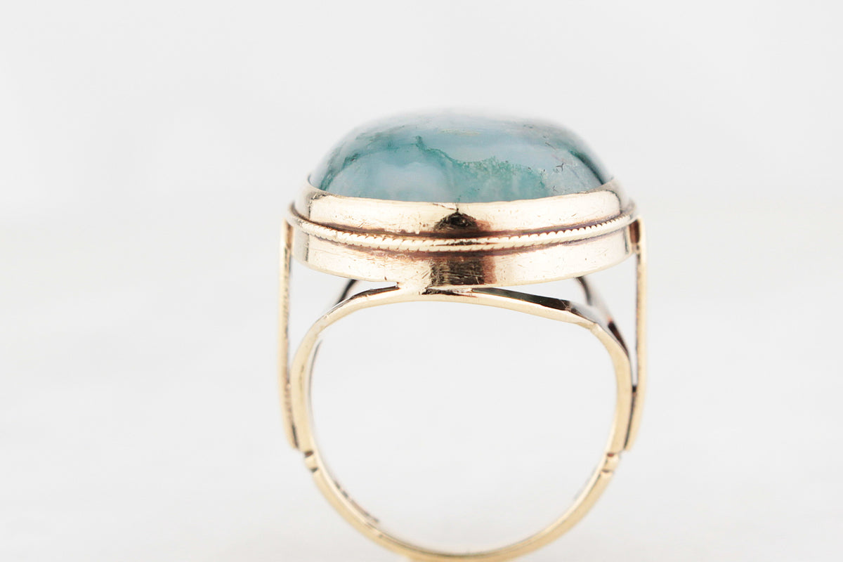 VINTAGE MID-CENTURY MOSS AGATE COCKTAIL RING 9ct GOLD