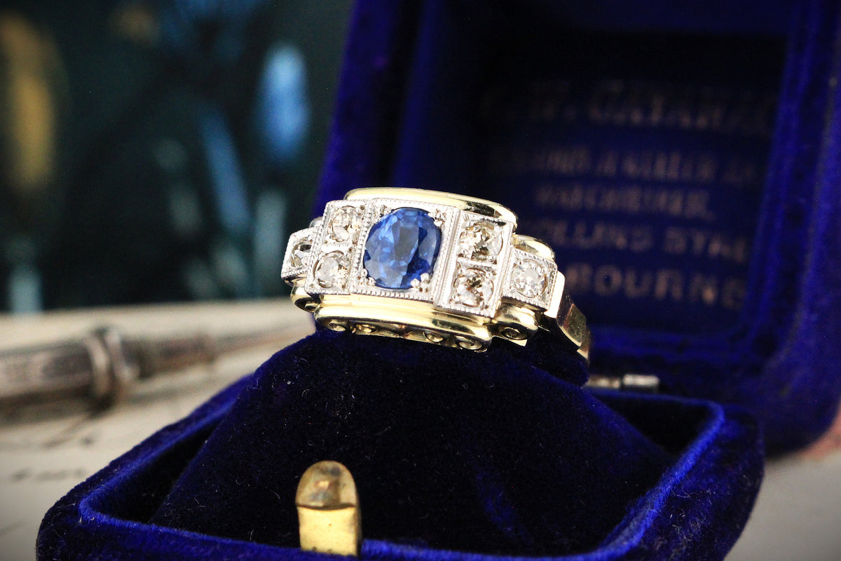 ANTIQUE ART DECO CEYLON SAPPHIRE &amp; DIAMOND RING 14ct GOLD