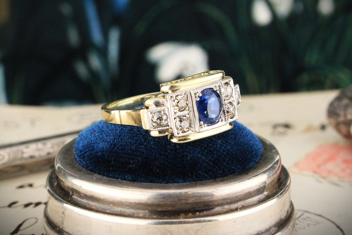 ANTIQUE ART DECO CEYLON SAPPHIRE &amp; DIAMOND RING 14ct GOLD