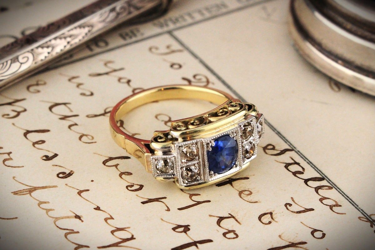 ANTIQUE ART DECO CEYLON SAPPHIRE &amp; DIAMOND RING 14ct GOLD