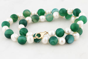 BESPOKE SEMI-BAROQUE PEARLS & BANDED AGATE NECKLACE 9ct GOLD