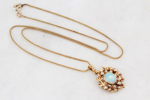 ANTIQUE EDWARDIAN c1900 OPAL AND SEED PEARL PENDANT WITH CHAIN 18ct GOLD