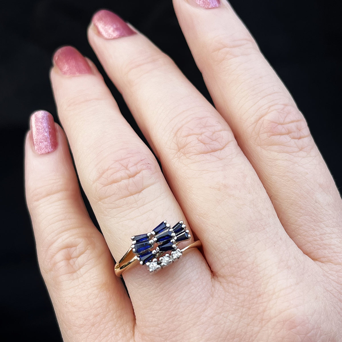 VINTAGE RETRO ERA c1940/50 SAPPHIRE &amp; DIAMOND RING 14ct GOLD