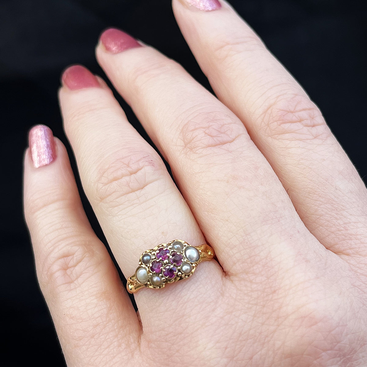 ANTIQUE VICTORIAN 1867 RUBY &amp; SEED PEARL RING 18ct GOLD