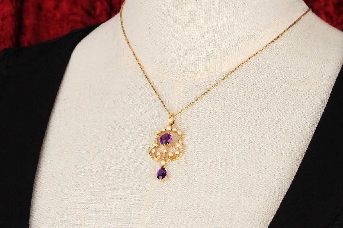 VICTORIAN AMETHYST &amp; PEARL PENDANT 15CT GOLD
