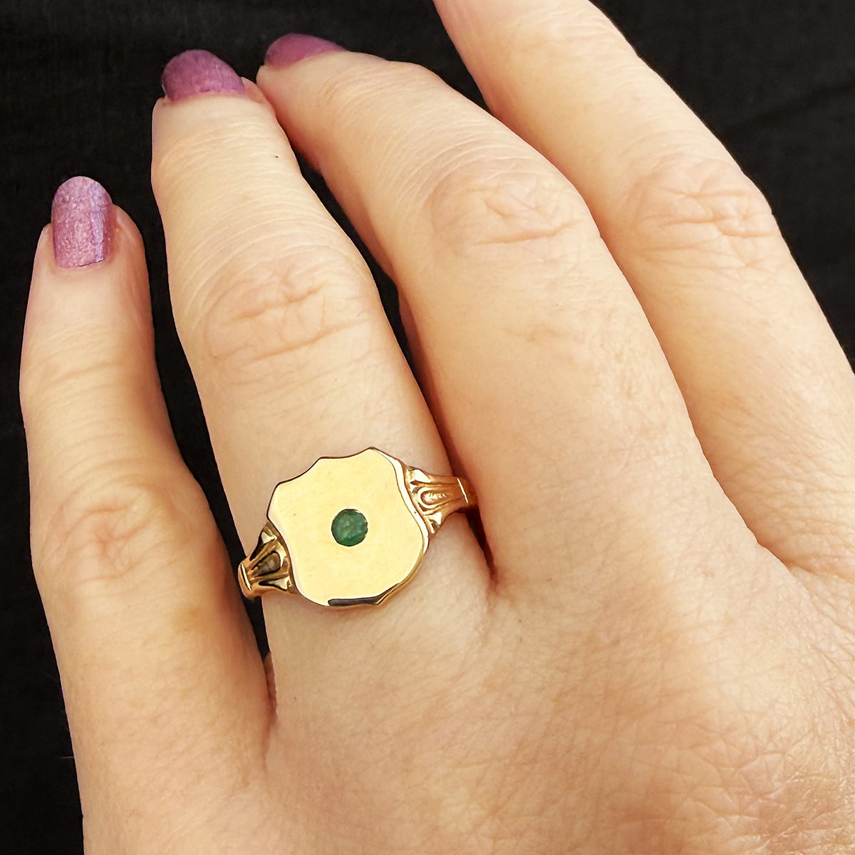 CUSTOM R&V EMERALD SHIELD SIGNET RING 9ct GOLD