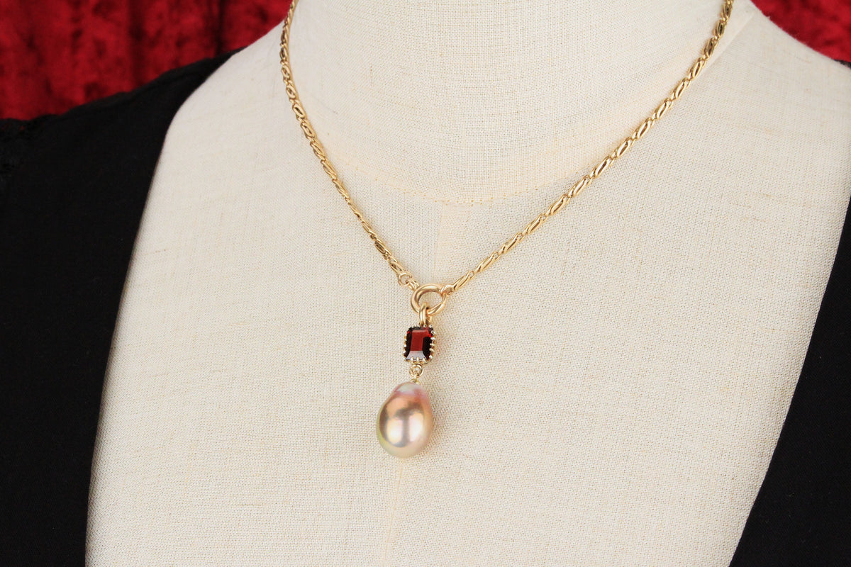 BESPOKE GARNET &amp; BAROQUE PEARL PENDANT  9CT GOLD