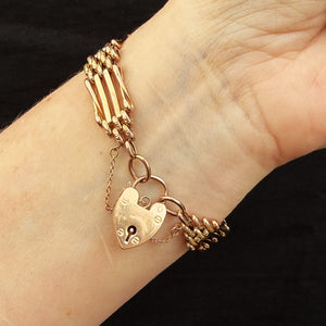 ANTIQUE EDWARDIAN GATE LINK BRACELET WITH HEART PADLOCK 9ct GOLD