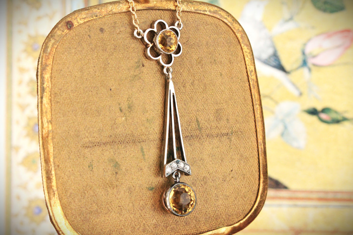 EDWARDIAN CITRINE &amp; DIAMOND LAVALIERE SILVER &amp; 9ct GOLD