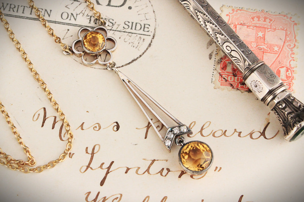 EDWARDIAN CITRINE &amp; DIAMOND LAVALIERE SILVER &amp; 9ct GOLD