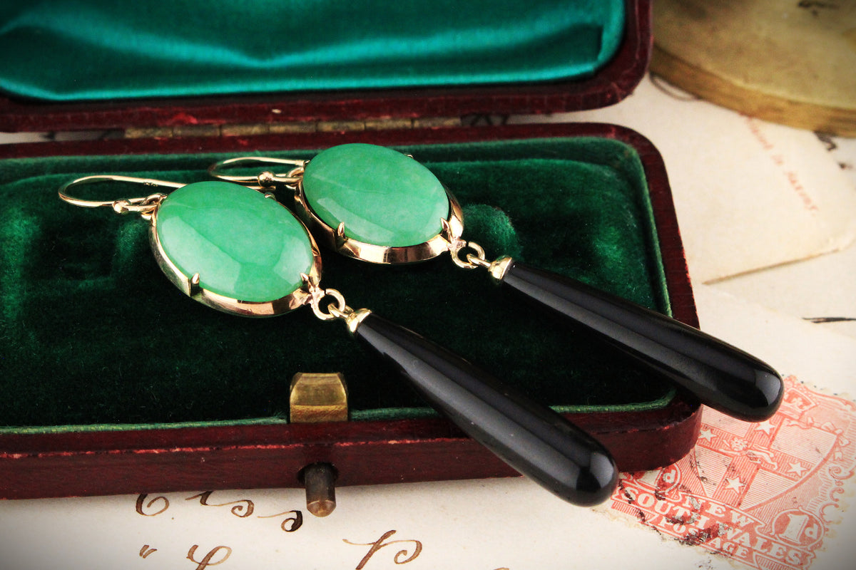 BESPOKE JADE &amp; ONYX EARRINGS 14CT GOLD