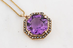ANTIQUE VICTORIAN AMETHYST & SEED PEARL PENDANT 9ct GOLD