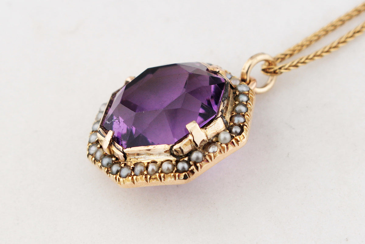 ANTIQUE VICTORIAN AMETHYST & SEED PEARL PENDANT 9ct GOLD