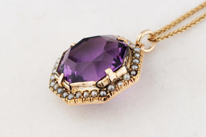 ANTIQUE VICTORIAN AMETHYST & SEED PEARL PENDANT 9ct GOLD