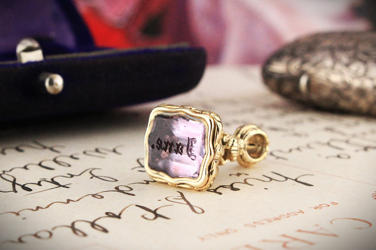 ANTIQUE VICTORIAN AMETHYST INTAGLIO FOB SEAL 9ct GOLD