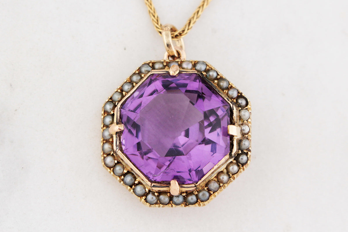 ANTIQUE VICTORIAN AMETHYST & SEED PEARL PENDANT 9ct GOLD