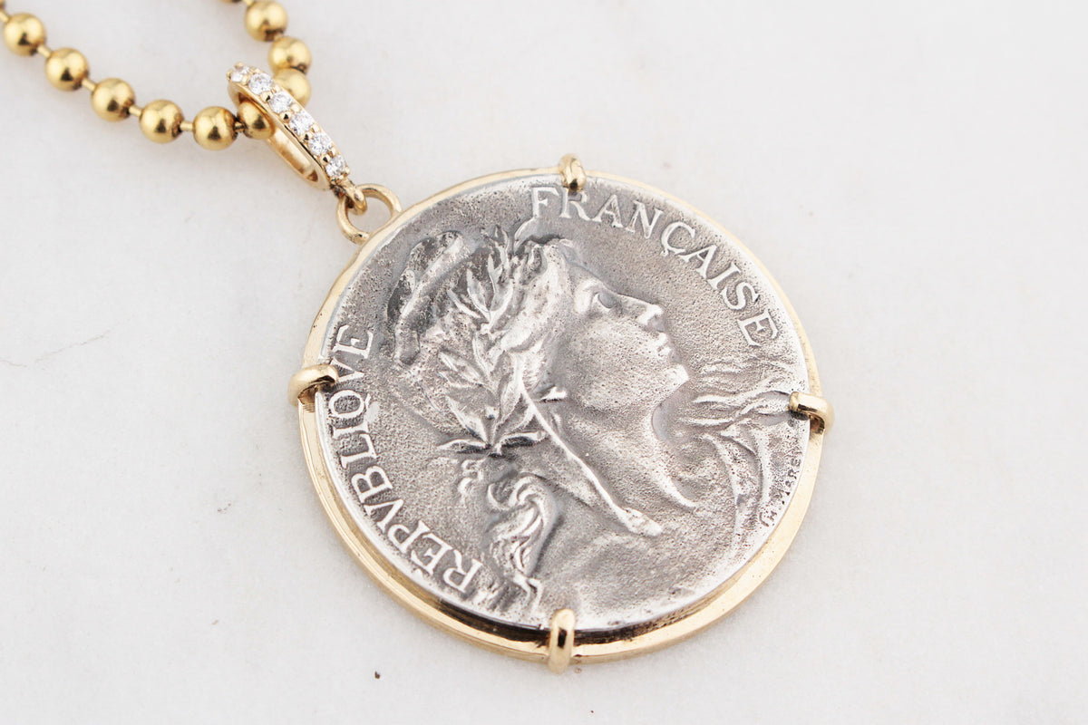 SILVER FRENCH MARITIME MEDAL PENDANT DIAMOND & 9ct GOLD