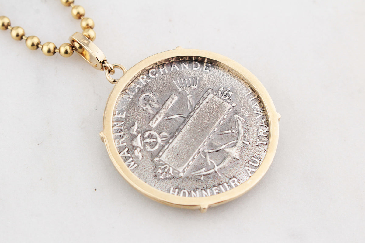 SILVER FRENCH MARITIME MEDAL PENDANT DIAMOND & 9ct GOLD