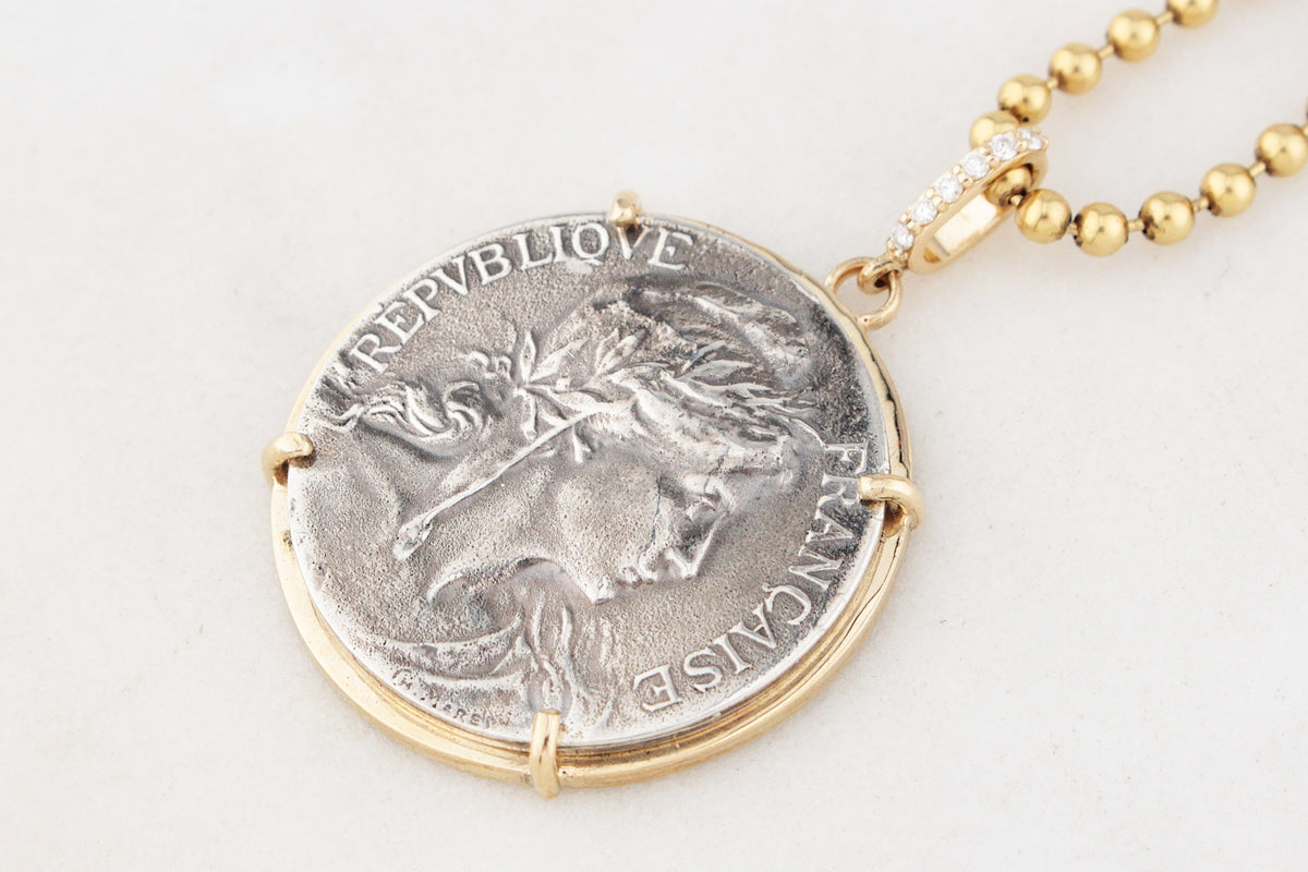 SILVER FRENCH MARITIME MEDAL PENDANT DIAMOND & 9ct GOLD