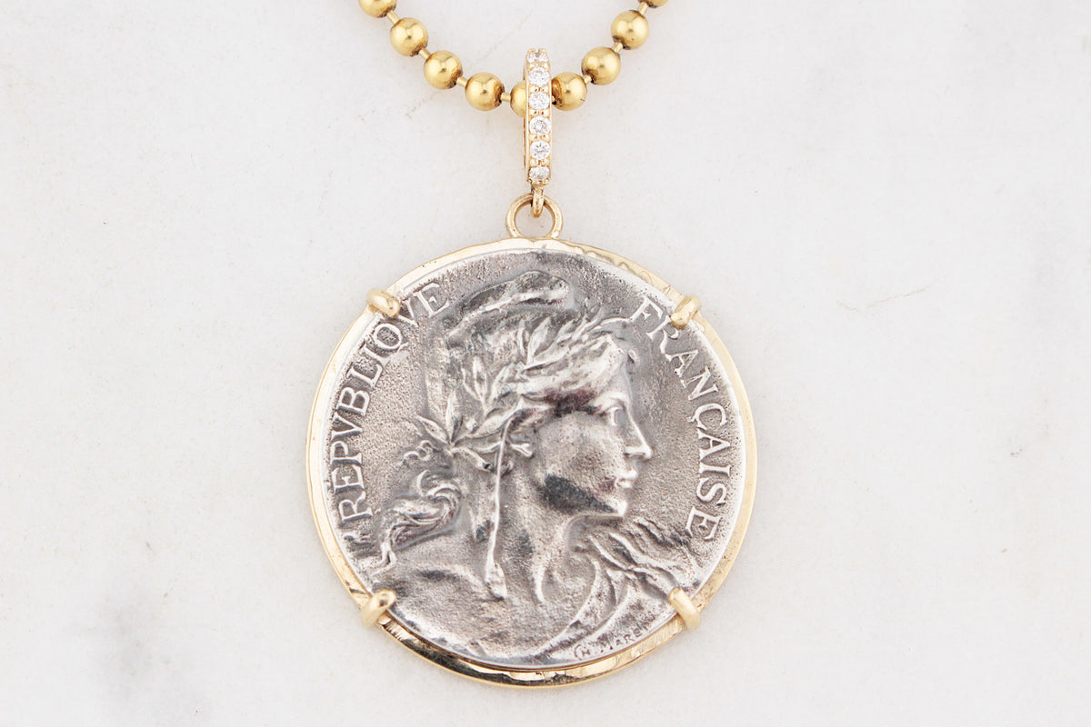 SILVER FRENCH MARITIME MEDAL PENDANT DIAMOND & 9ct GOLD