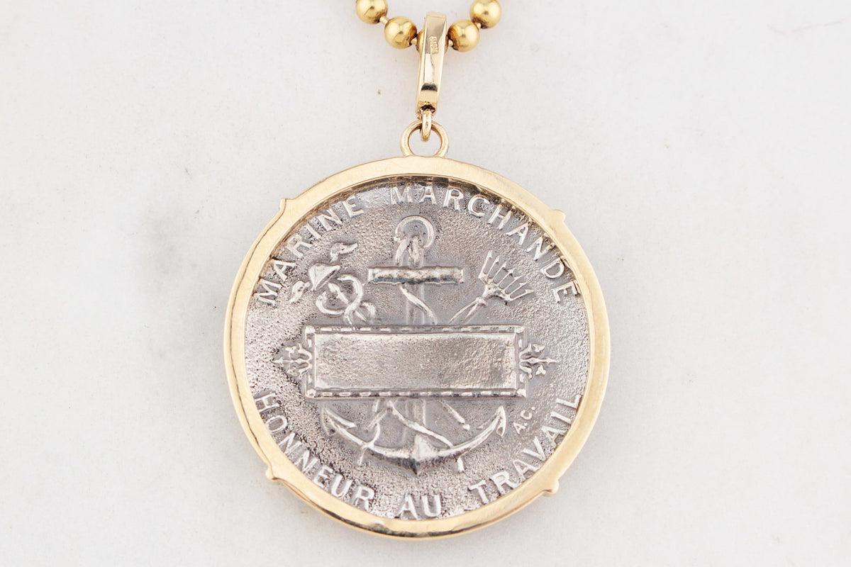 SILVER FRENCH MARITIME MEDAL PENDANT DIAMOND & 9ct GOLD
